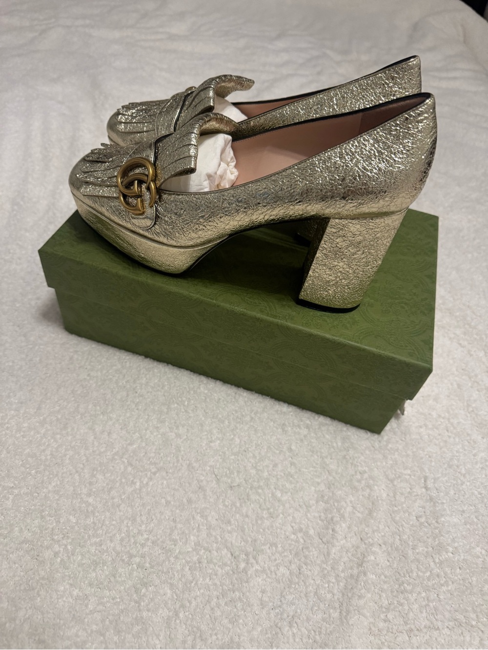 Gucci Metallic Gold Fringe Block Heel Loafers - Picture 2 of 10